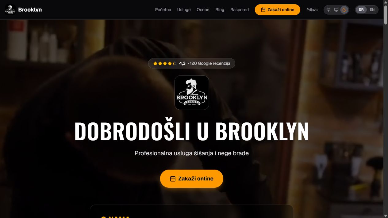 Prikaz javnog sajta salona Brooklyn Barber