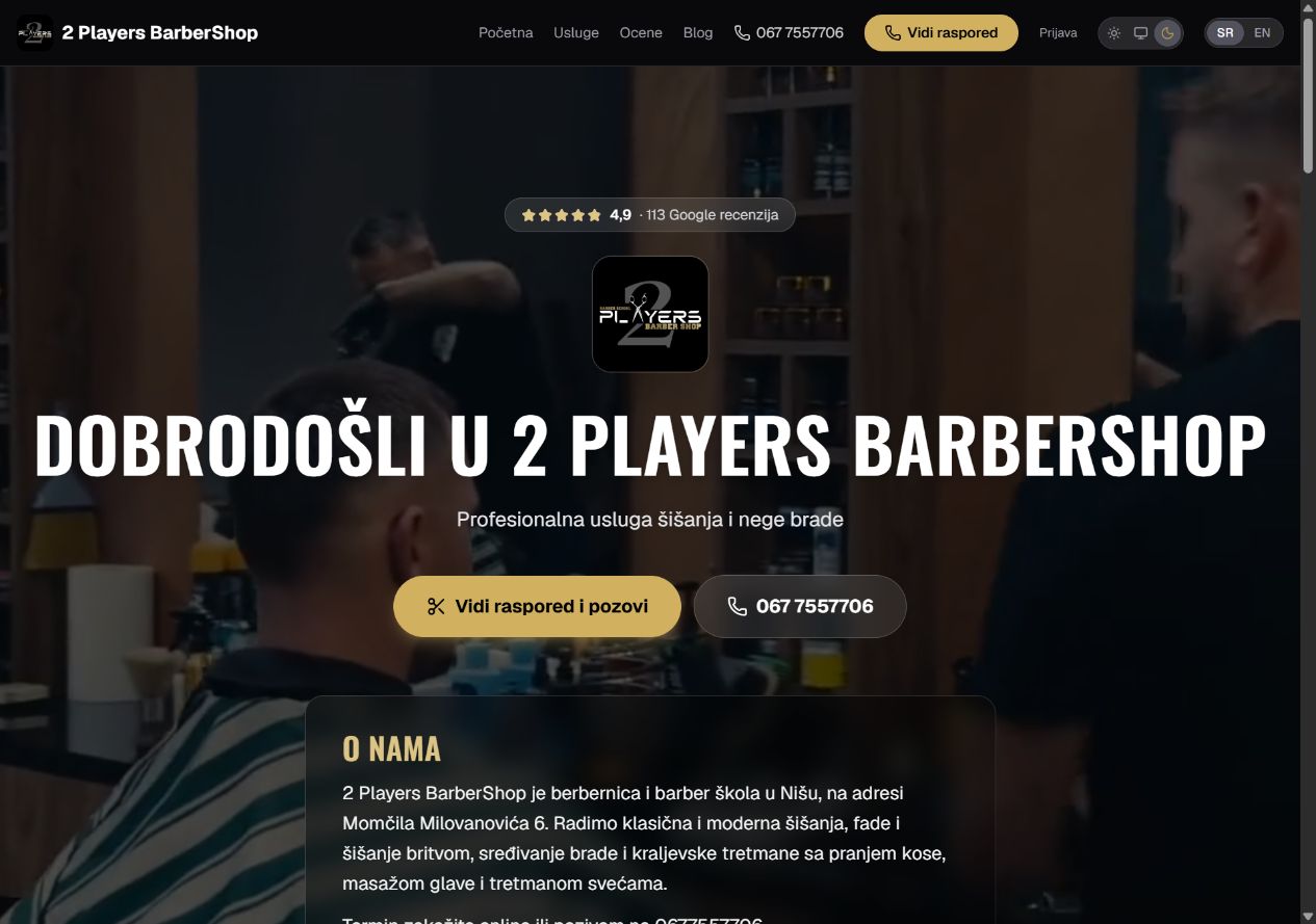 Prikaz javnog sajta salona 2 Players BarberShop